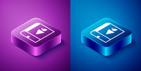 Isometric Book about grapes icon isolated on blue and purple background. Square button. Vector