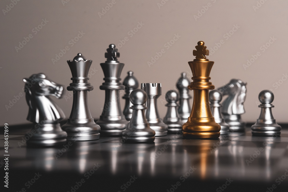Poster closeup of chess characters on board games. to represent decision making in term of business strateg