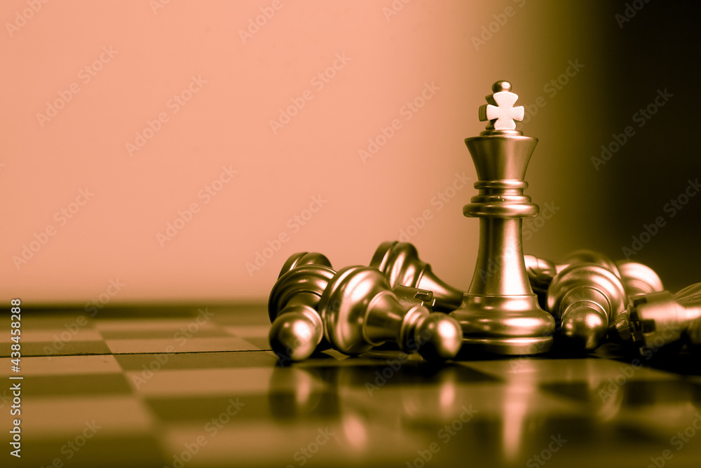Poster closeup of chess characters on board games. to represent decision making in term of business strateg