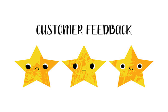 Customer feedback. Client satisfaction assessment. Cute kawaii star character with various faces, emotions scale. Positive, neutral, negative user experience. Vector flat cartoon illustration