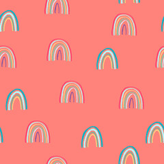 Seamless pattern with rainbows in childs drawing style on pink background