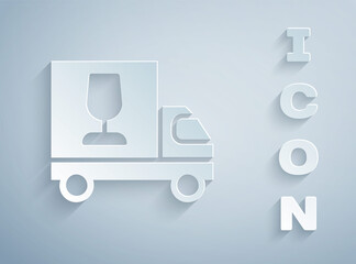 Paper cut Wine truck icon isolated on grey background. Fast delivery. Paper art style. Vector