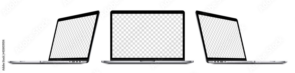 Poster realistic laptop computer mockup set : front view, sideway view. isolated perspective devices with e
