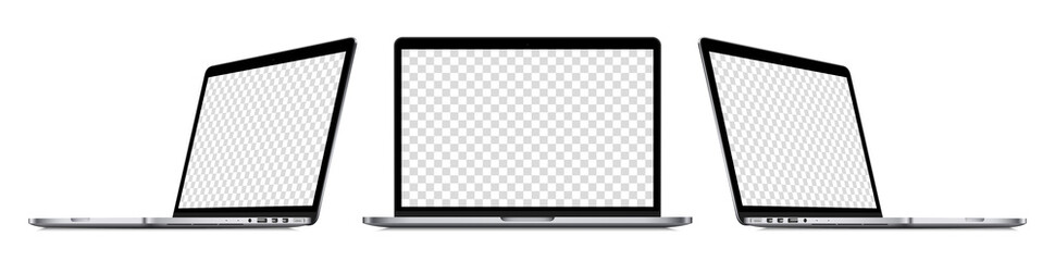 Realistic laptop computer mockup set : front view, sideway view. Isolated perspective devices with empty screens on white background. Editable blank screen mock-up. Vector illustration.