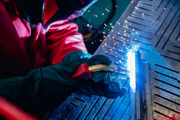 Closeup process Industrial worker welder at factory for metalwork