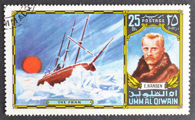 Cancelled postage stamp printed by Umm al Qiwain, that shows Nansen and The Fram sailing ship, circa 1972.