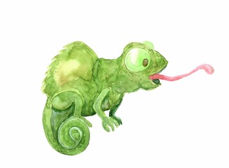 watercolor illustration of a funny green cartoon chameleon with a long tongue sticking out isolated on a white background
