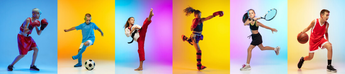Soccer football, basketball, taekwondo, boxing and tennis. Collage of different little sportsmen in...
