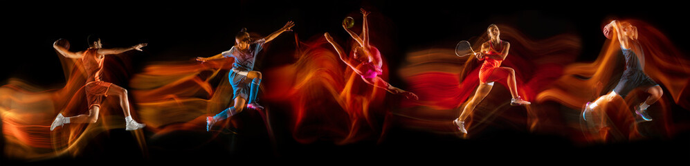 Sportsmen playing basketball, tennis, soccer footbal, volleyball on black background in mixed light.