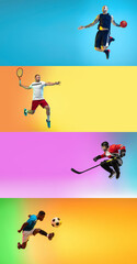 Collage of different professional sportsmen, fit people in action and motion isolated on color background. Flyer.
