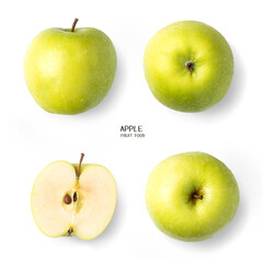 green apple with dew and water droplets on a white background. healthy fruit