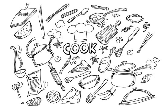 Hand drawn doodles of Cook concept.Poster with hand drawn kitchen utensils. 
