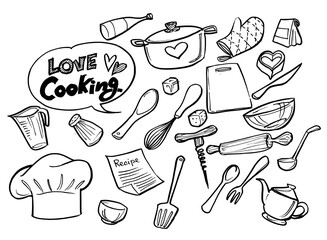 love cooking concept.Poster with hand drawn kitchen utensils. 