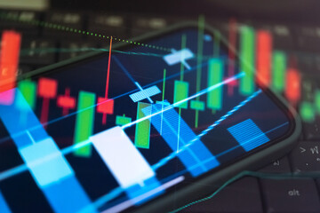 Fototapeta premium Candlestick chart in financial stock market on digital number background. Forex trading graphic design and Stock market trading trend as concept.