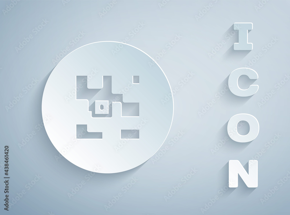Poster paper cut qr code sample for smartphone scanning icon isolated on grey background. paper art style. 