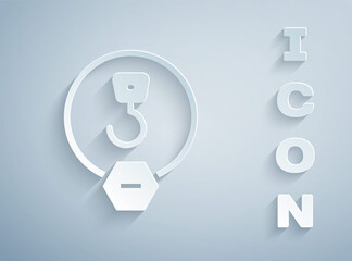 Paper cut Industrial hook icon isolated on grey background. Crane hook icon. Paper art style. Vector