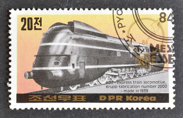 Cancelled postage stamp printed by North Korea, that shows Express Train Locomotive Krupp, circa...