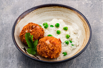 deep fried crispy golden chicken cutlet with fragrance fried rice