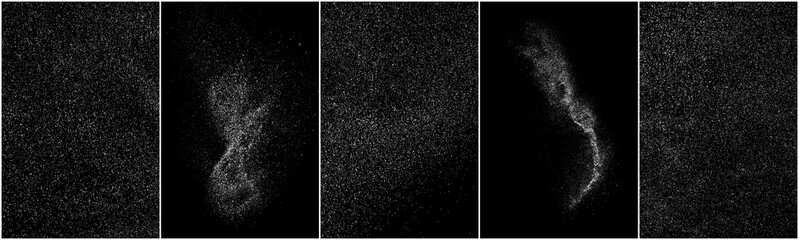 Set of distressed white grainy texture. Dust overlay textured. Grain noise particles. Snow effects pack. Rusted black background. Vector illustration, EPS 10.  