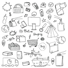 Doodle shopping online and delivery set.Online shopping lineart theme.Hand drawn doodle set.