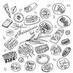 Doodle mediterranean food set.Food  theme.Hand drawn doodle set.
