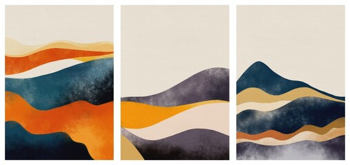 Hand drawing abstract trendy colors background. Stylised landscape. Use for poster, card, postcard, print, banner, invitation, template, design, wedding, interior. Golden, sand, orange and grey colo