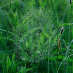 pajęczyna z pająkiem pośród traw - obrazy, fototapety, plakaty