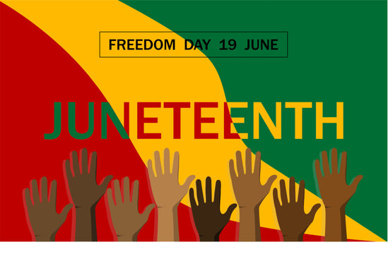 Juneteenth.African-American Independence Day. Freedom day or Emancipation day. JUNE 19. Poster, greeting card, banner .Human hands on the flag. Vector