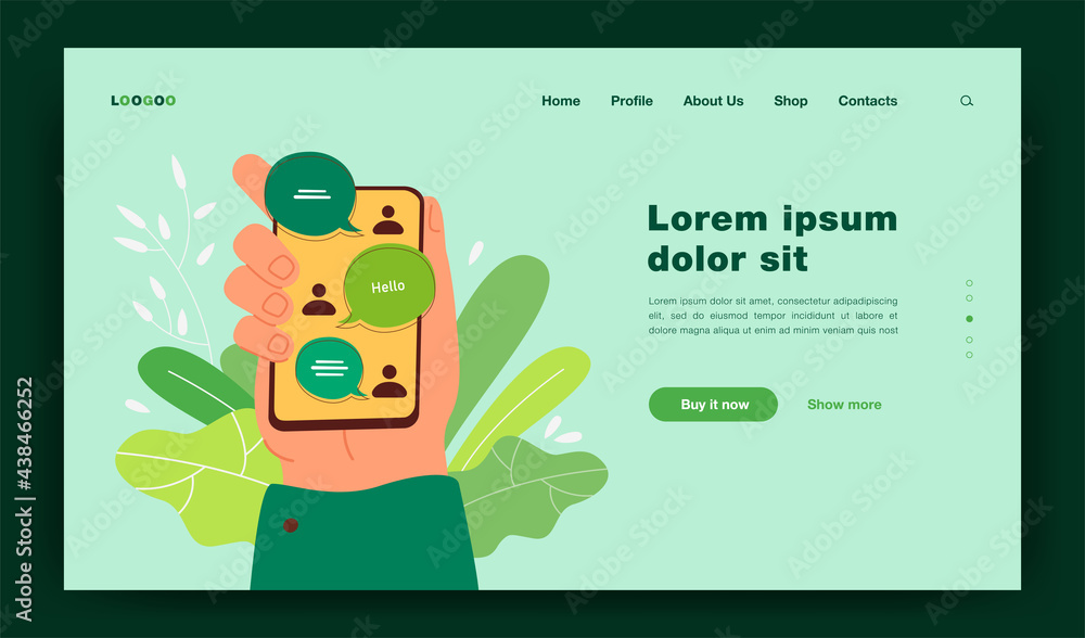 Poster hand holding smartphone with online chat interface, sent and received messages on screen. vector ill