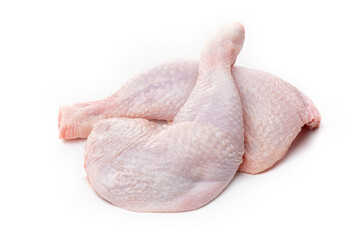 Raw chicken thighs with skin on a white background. - obrazy, fototapety, plakaty