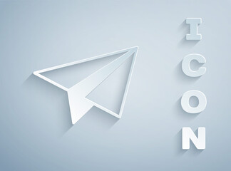 Paper cut Paper airplane icon isolated on grey background. Paper art style. Vector