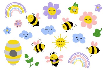 Cute hand-drawn set of bees, flowers, clouds. White background, isolate. Vector illustration. Cartoon style.