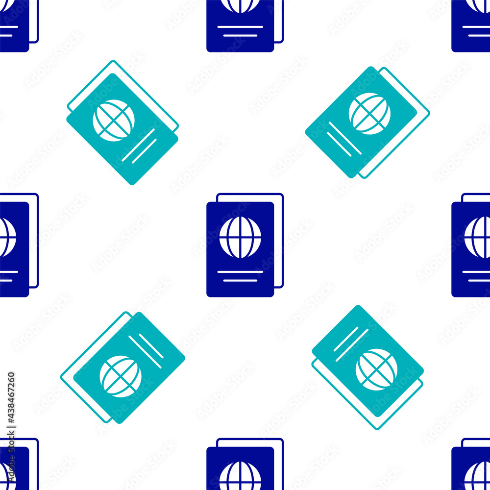 Poster blue passport with biometric data icon isolated seamless pattern on white background. identification