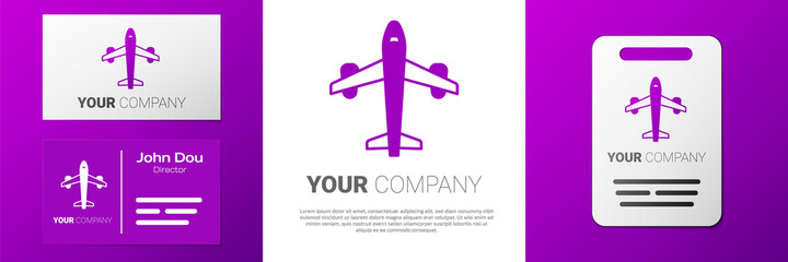 Logotype Plane icon isolated on white background. Flying airplane icon. Airliner sign. Logo design template element. Vector