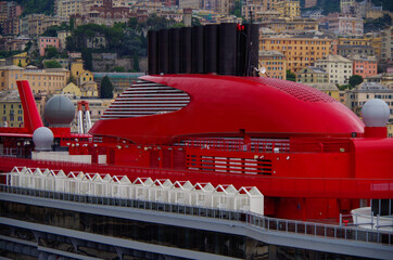 Side view of hull and superstructure of modern cruiseship or cruise ship liner Scarlet Lady with...