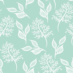 Abstract line leaves seamless patterns. Design for paper, cover, fabric, interior decor and other users. Cute pattern in small flower and herbs. Mint background.