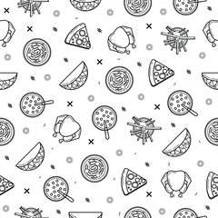 Abstract Doodle Seamless Pattern, Hand Drawn Fast Food Elements Tacos Chiken Pizza French Fries Vector Design Style Background Illustration Icons