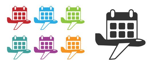 Black Travel planning calendar and airplane icon isolated on white background. A planned holiday trip. Set icons colorful. Vector