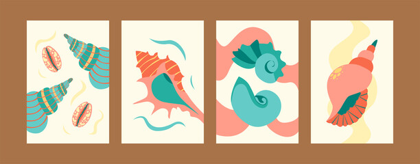 Obraz na płótnie Canvas Illustration set for sea world concept in creative style. Seashore images set in pastel colors. Cute seashells on gentle background. Can be used for banners, website designs