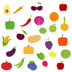 Set of fruits and vegetables. Different colorful vegetables and fruits. All kinds of green vegi and fruit for cooking meals, planting in garden.