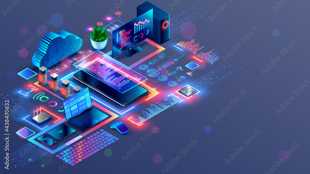 Fototapete Programming and coding of program product or code. Workplace of computer software developers. Technology creating cross platform application. Modern Tech isometric conceptual illustration.