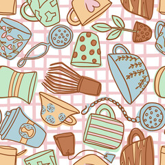 Teacups on checkered tablecloth vector seamless pattern - for kitchen  fabric, wrapping, textile, wallpaper, background.