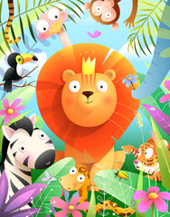 Lion wearing crown as a king of jungle surrounded by African animals as elephant, toucan, tiger monkey snake and zebra. Kids vector cartoon illustration in watercolor style.
