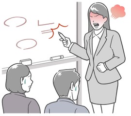 会議室のホワイトボードの前で説明する、怒った若い女性