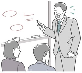 会議室のホワイトボードの前で説明する、焦った中年男性