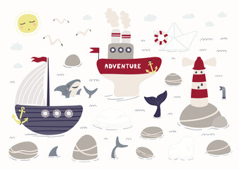 Sea, ocean landscape clipart, ships, rocks, lighthouse, shark, whale, isolated on white. Hand drawn vector illustration. Scene creator, elements set. Scandinavian style flat design. Kids print concept