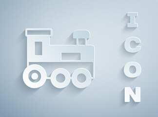 Paper cut Toy train icon isolated on grey background. Paper art style. Vector