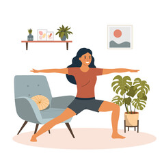 Fitness young woman in yoga  pose in the living room. Vector cartoon flat style illustration
