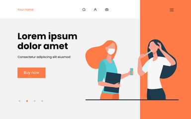 Woman in mask meeting with sick female friend. Thermometer, pills, flu symptoms flat vector illustration. Infection, treatment, healthcare concept for banner, website design or landing web page