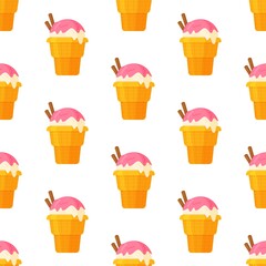 Vector illustration of a pattern of delicious ice cream on a white background. Ice cream cone with cinnamon and strawberries. 